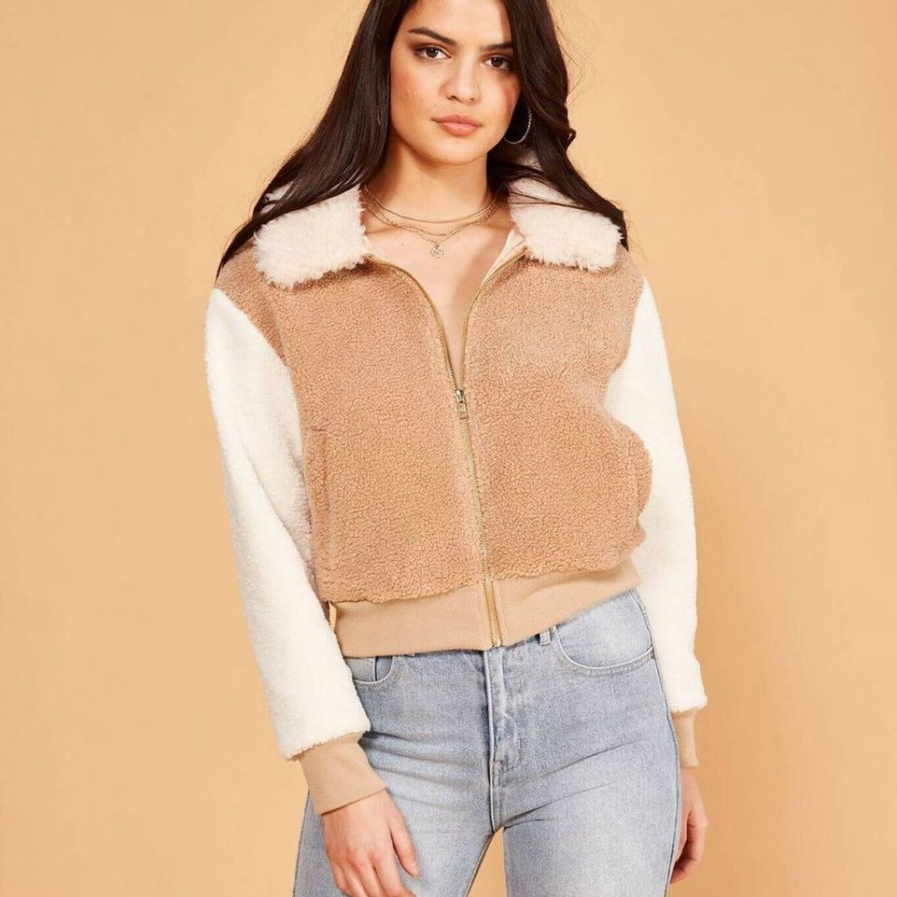 MinkPink Mixed Fur Bomber Jacket tan sherpa cream fleece size medium